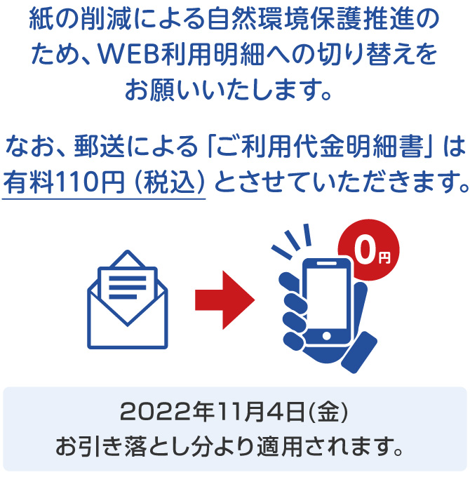 紙の削減による自然環境保護推進のため、WEB利用明細への切り替えをお願いいたします。なお、郵送による「ご利用明細書」は有料110円（税込）とさせていただきます。